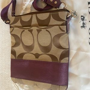 Coach cross body bag, signature coach material with purple suede accent